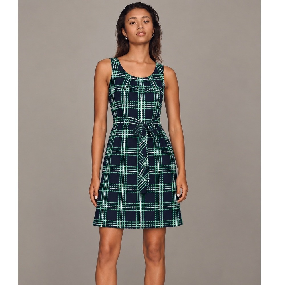 Banana Republic Navy Green Geometric Grid Sleeveless Shift Dress Belted Size 8